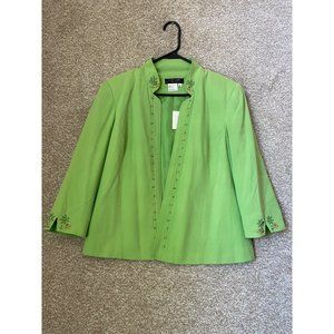 City Girl Nancy Bolen Open Front Kiwi Green Blazer Floral Accents Shell 100% Sil